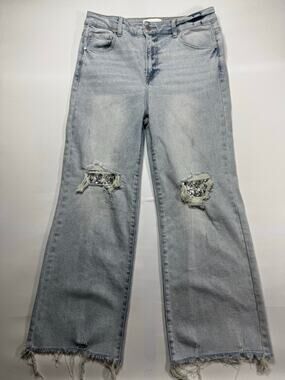 Risen Jeans Women's Sequin Peek-A‎ Boo Wide Leg Stretch Denim Jeans - 15 (32x28)